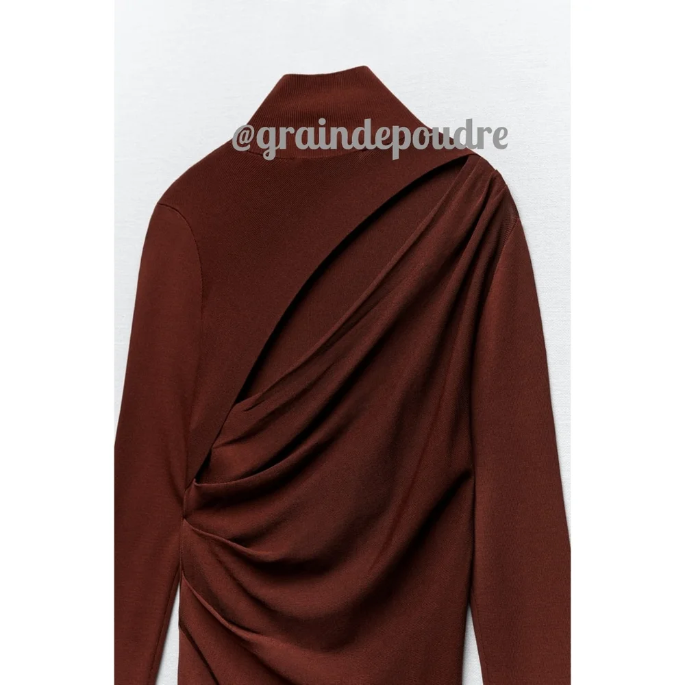 Rare! Zara Chocolate Brown Mock Neck Back Cutout Slit Knit Maxi Swing Dress S - Picture 5 of 6